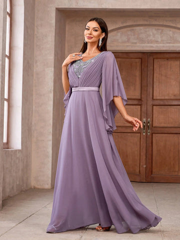 Women Beaded V-Neck Ruffle Sleeve Long Elegant Bridesmaid Dress
