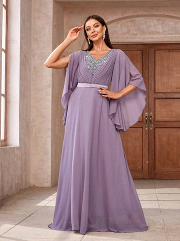 Women Beaded V-Neck Ruffle Sleeve Long Elegant Bridesmaid Dress