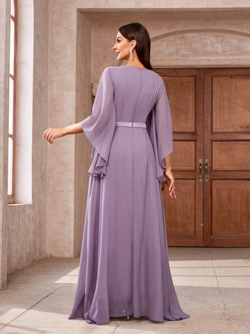 Women Beaded V-Neck Ruffle Sleeve Long Elegant Bridesmaid Dress