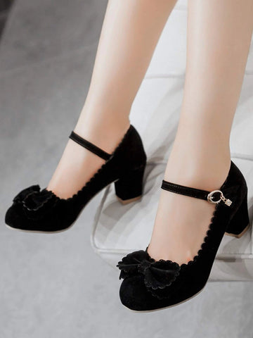 Women Black Bow Decor Pumps, Scallop Trim Chunky Heeled