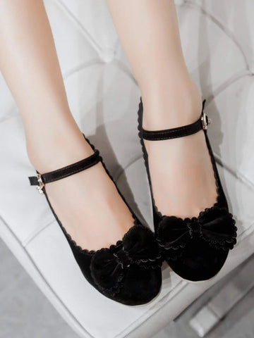 Women Black Bow Decor Pumps, Scallop Trim Chunky Heeled