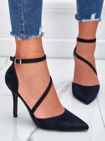 Women Black Buckle Decor Stiletto Heeled Pumps, Elegant Point Toe Ankle Strap Pumps