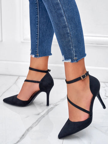 Women Black Buckle Decor Stiletto Heeled Pumps, Elegant Point Toe Ankle Strap Pumps
