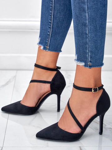 Women Black Buckle Decor Stiletto Heeled Pumps, Elegant Point Toe Ankle Strap Pumps