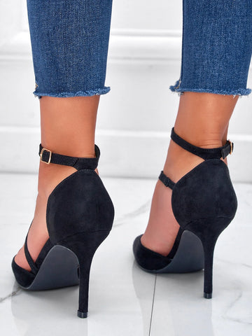 Women Black Buckle Decor Stiletto Heeled Pumps, Elegant Point Toe Ankle Strap Pumps