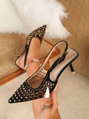 Women Black Hollow Rhinestone Pointed Toe High Heel Mule Shoes;  Sexy Fashionable Pearl Decor Open Toe