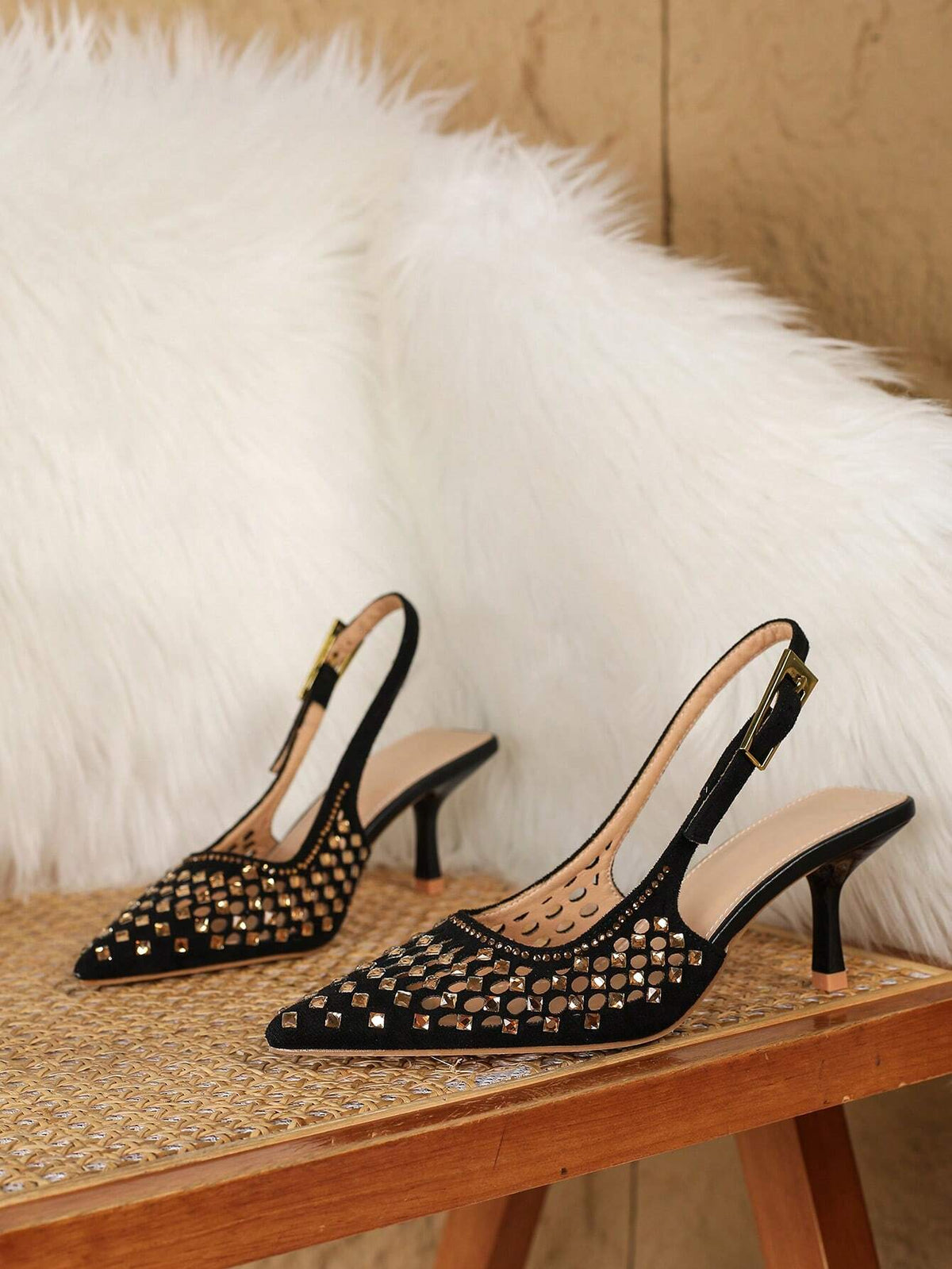 Women Black Hollow Rhinestone Pointed Toe High Heel Mule Shoes;  Sexy Fashionable Pearl Decor Open Toe