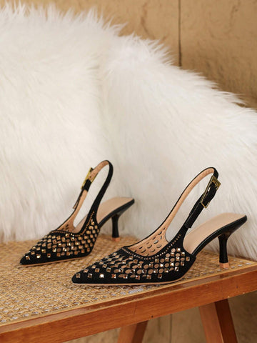 Women Black Hollow Rhinestone Pointed Toe High Heel Mule Shoes;  Sexy Fashionable Pearl Decor Open Toe