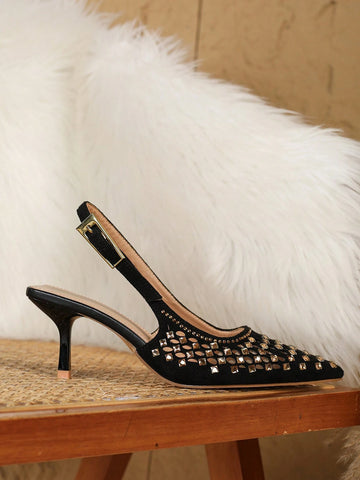 Women Black Hollow Rhinestone Pointed Toe High Heel Mule Shoes;  Sexy Fashionable Pearl Decor Open Toe