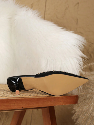 Women Black Hollow Rhinestone Pointed Toe High Heel Mule Shoes;  Sexy Fashionable Pearl Decor Open Toe