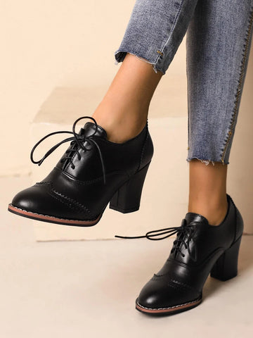 Women Black Lace-up Front Pumps, Elegant Round Toe Chunky Heeled Pumps