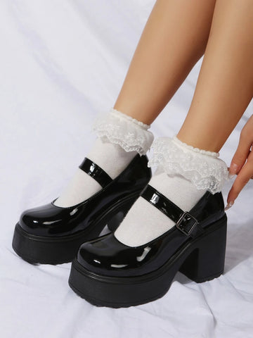 Women Black Mary Jane Pumps, Elegant Round Toe Chunky Heeled Pumps