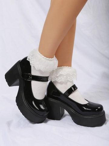 Women Black Mary Jane Pumps, Elegant Round Toe Chunky Heeled Pumps