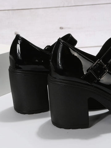 Women Black Mary Jane Pumps, Elegant Round Toe Chunky Heeled Pumps