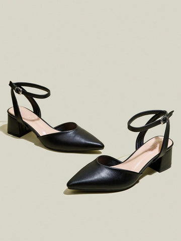 Women Black Pointed Toe Chunky Heel Pumps, Elegant Pointed Toe Formal High Heels, Fashion Peep Toe