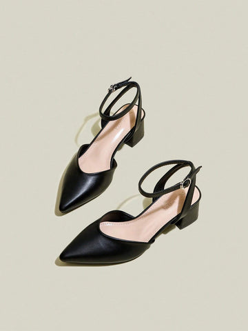 Women Black Pointed Toe Chunky Heel Pumps, Elegant Pointed Toe Formal High Heels, Fashion Peep Toe