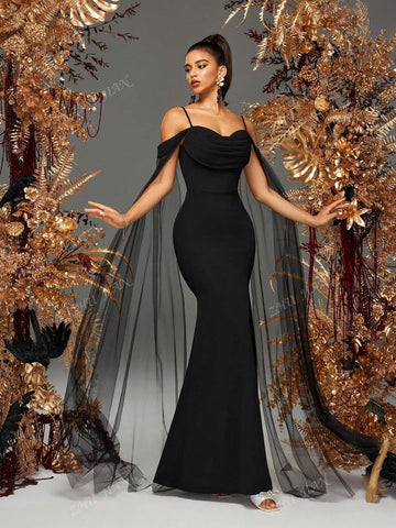Women Black Spaghetti Strap Mesh Sleeves Elegant Evening Party Dress Formal Prom Banquest Gown