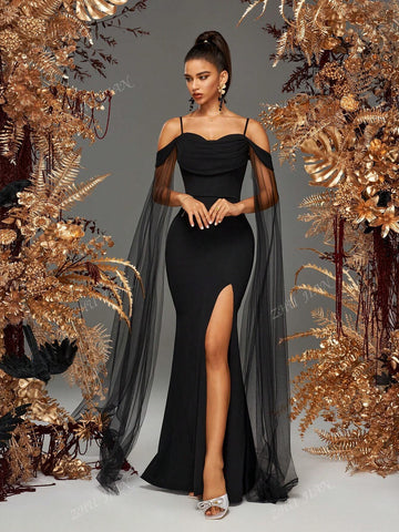 Women Black Spaghetti Strap Mesh Sleeves Elegant Evening Party Dress Formal Prom Banquest Gown