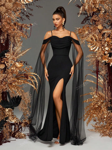 Women Black Spaghetti Strap Mesh Sleeves Elegant Evening Party Dress Formal Prom Banquest Gown