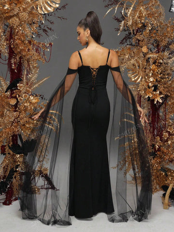 Women Black Spaghetti Strap Mesh Sleeves Elegant Evening Party Dress Formal Prom Banquest Gown