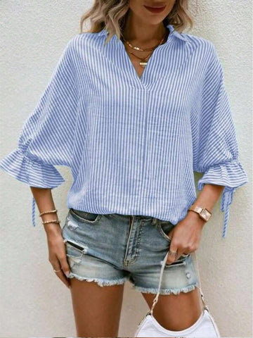 Women Blue & White Striped Batwing Sleeve Casual Shirt, Autumn