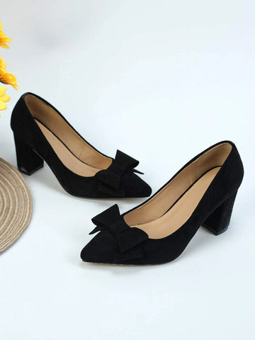 Women Bow Decor Court Pumps, Faux Suede Point Toe Chunky Heeled Elegant Pumps Black