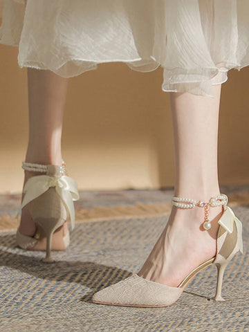 Women Bow & Faux Pearl Decor Ankle Strap Point Toe Stiletto Heeled Pumps, Fashionable Beige Polyester Pumps