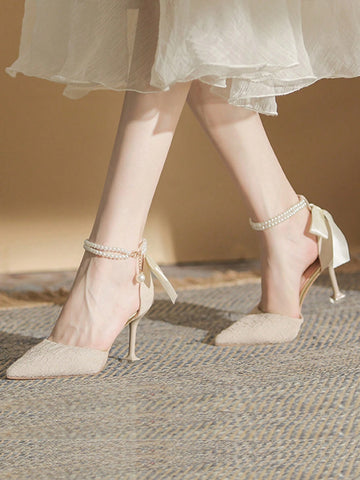 Women Bow & Faux Pearl Decor Ankle Strap Point Toe Stiletto Heeled Pumps, Fashionable Beige Polyester Pumps