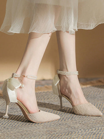 Women Bow & Faux Pearl Decor Ankle Strap Point Toe Stiletto Heeled Pumps, Fashionable Beige Polyester Pumps