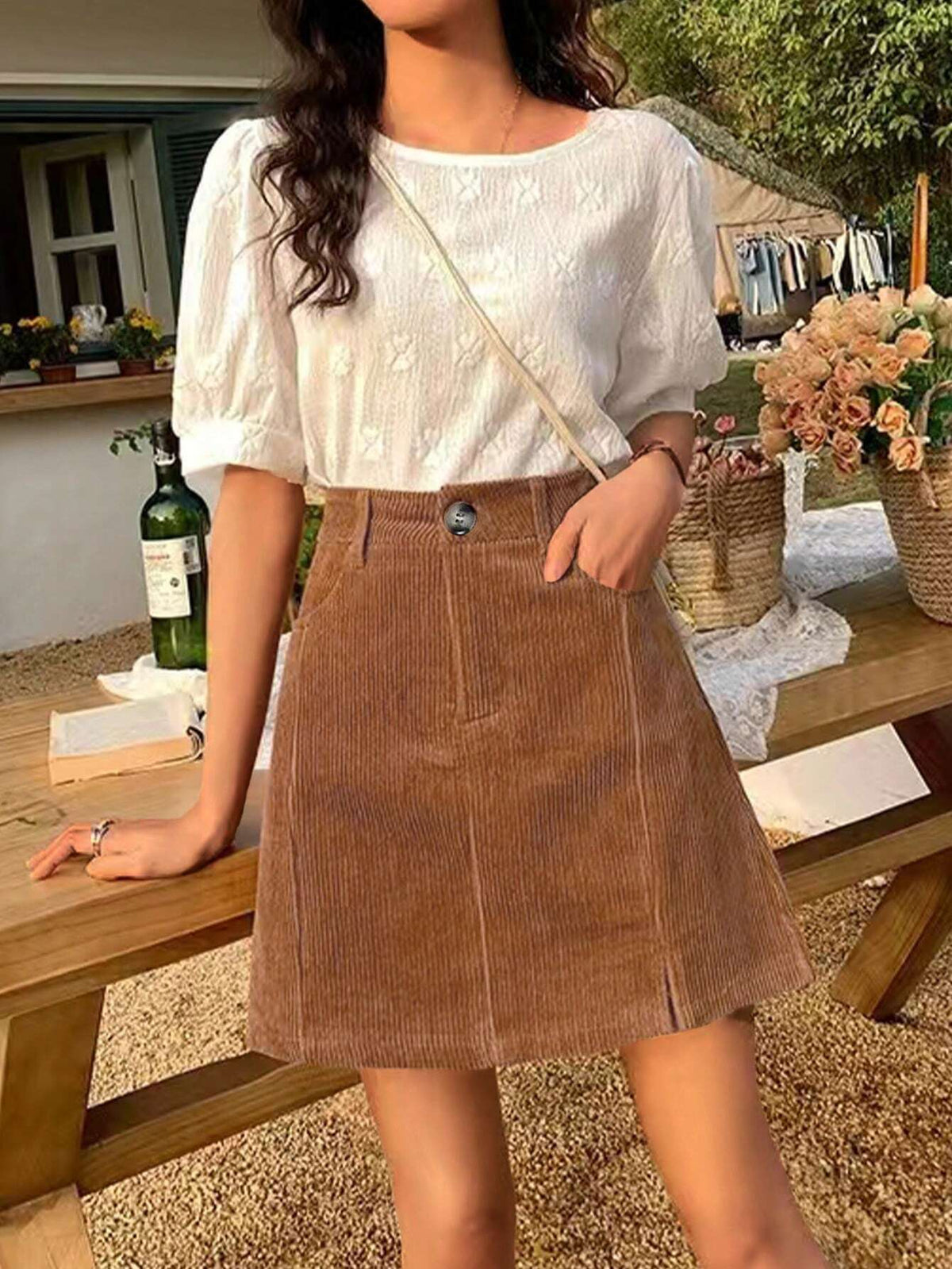 Women Brown Fashionable Slimming A-Line Skirt, Autumn/Winter