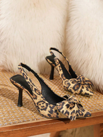 Women Brown High-Heel Pumps, Pointed Toe, With Leopard, Black, White, Silver, Colorful, Pink Rhinestone Decoration, Match Black Dress, 3D Flower & Big Bowtie Embellishment,