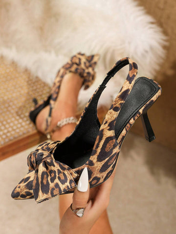 Women Brown High-Heel Pumps, Pointed Toe, With Leopard, Black, White, Silver, Colorful, Pink Rhinestone Decoration, Match Black Dress, 3D Flower & Big Bowtie Embellishment,