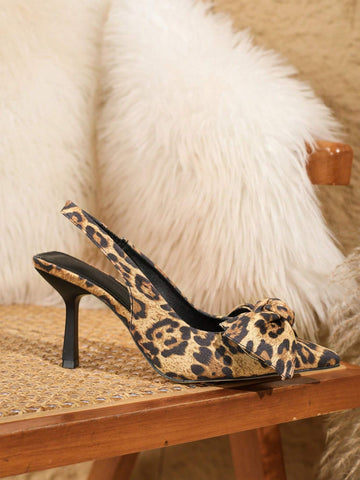 Women Brown High-Heel Pumps, Pointed Toe, With Leopard, Black, White, Silver, Colorful, Pink Rhinestone Decoration, Match Black Dress, 3D Flower & Big Bowtie Embellishment,