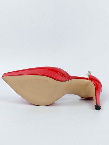 Women Buckle Decor Point Toe Platform Stiletto Heeled Pumps, Funky Neon-red Artificial Patent Leather Ankle Strap Pumps For Outdoor