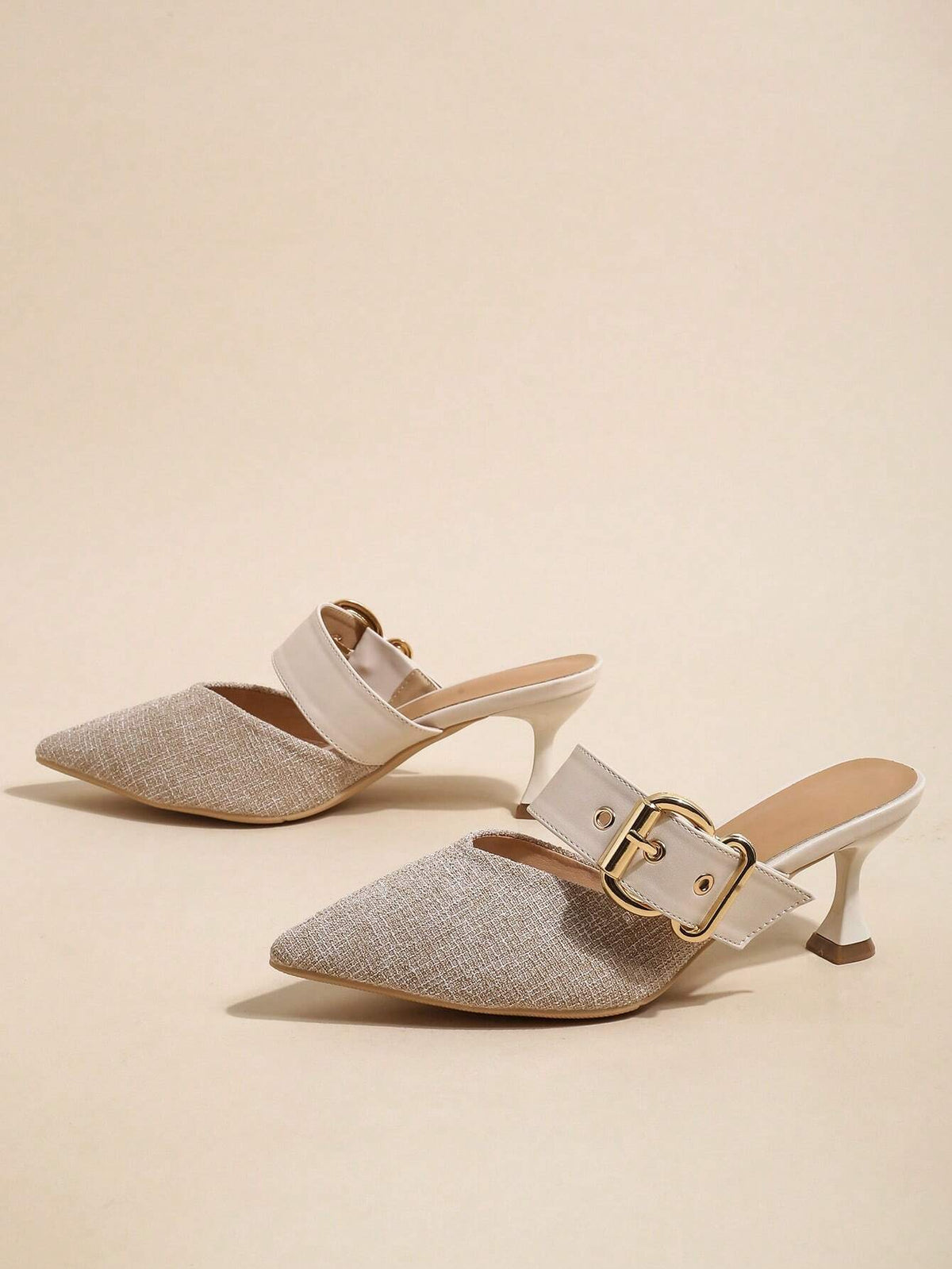 Women Buckle Decor Point Toe Pyramid Heeled Mule Pumps, Elegant Pumps