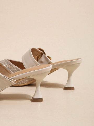 Women Buckle Decor Point Toe Pyramid Heeled Mule Pumps, Elegant Pumps