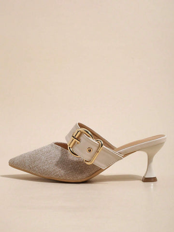 Women Buckle Decor Point Toe Pyramid Heeled Mule Pumps, Elegant Pumps