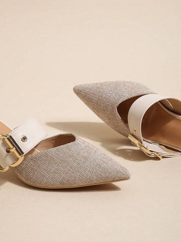 Women Buckle Decor Point Toe Pyramid Heeled Mule Pumps, Elegant Pumps