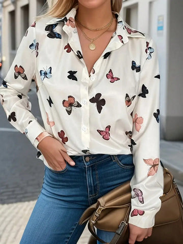 Women Butterfly Printed Long Sleeve Single-Breasted Casual Shirt, Autumn