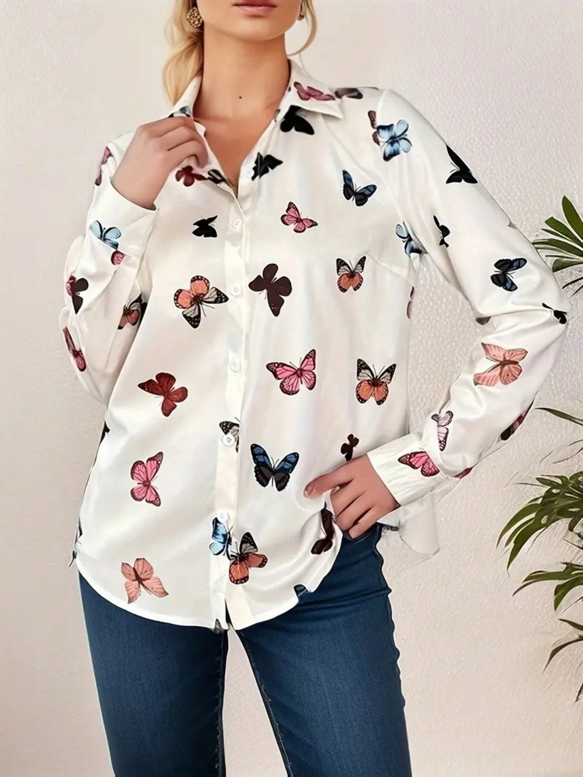 Women Butterfly Printed Long Sleeve Single-Breasted Casual Shirt, Autumn