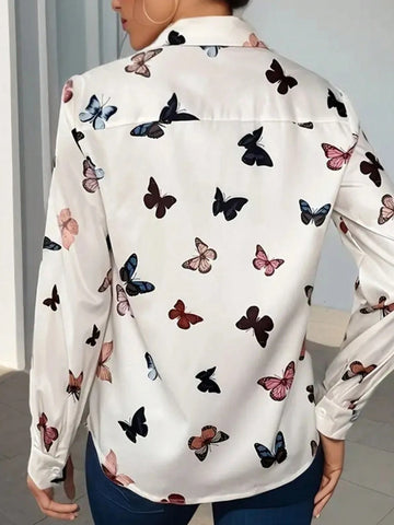 Women Butterfly Printed Long Sleeve Single-Breasted Casual Shirt, Autumn