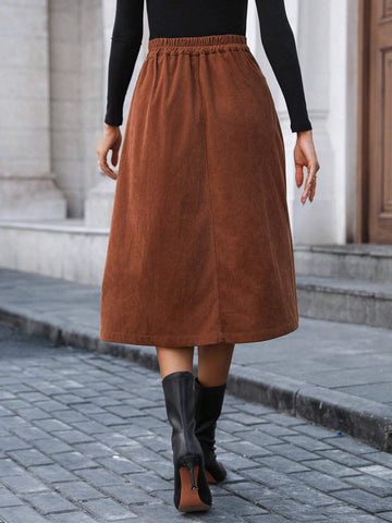 Women Button Design Pleated Mid-Length A-Line Corduroy Skirt, Elegant