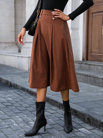 Women Button Design Pleated Mid-Length A-Line Corduroy Skirt, Elegant