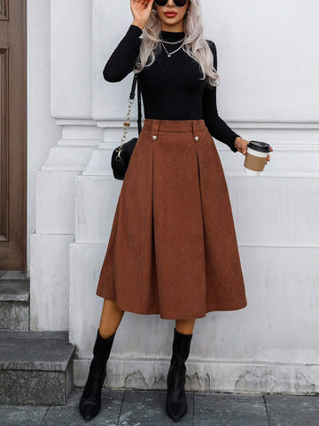 Women Button Design Pleated Mid-Length A-Line Corduroy Skirt, Elegant