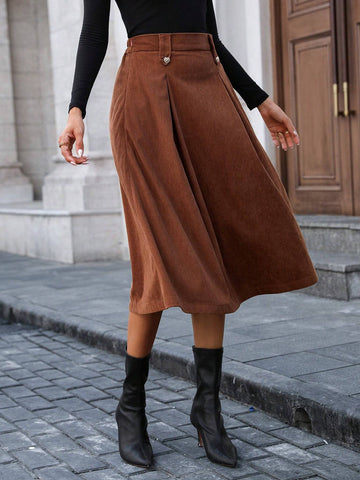 Women Button Design Pleated Mid-Length A-Line Corduroy Skirt, Elegant