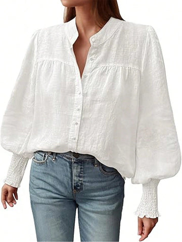 Women Button Down Shirts 2024 Smocked Cuffed Solid Lantern Long Sleeve Blouse Fall Fashion Casual Tops