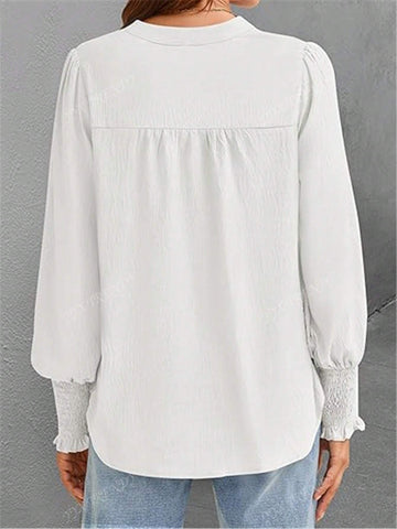 Women Button Down Shirts 2024 Smocked Cuffed Solid Lantern Long Sleeve Blouse Fall Fashion Casual Tops