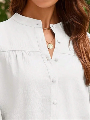 Women Button Down Shirts 2024 Smocked Cuffed Solid Lantern Long Sleeve Blouse Fall Fashion Casual Tops