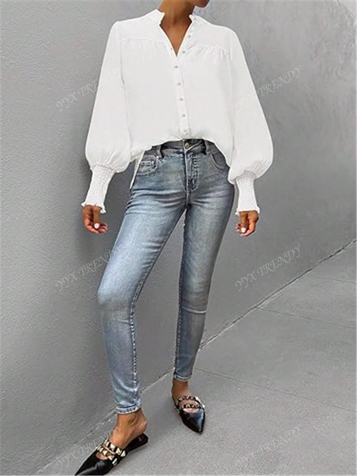 Women Button Down Shirts 2024 Smocked Cuffed Solid Lantern Long Sleeve Blouse Fall Fashion Casual Tops