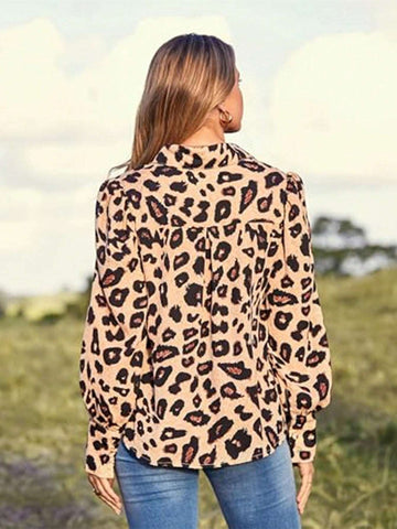 Women Button Up Floral Print Lantern Sleeve Casual Blouse